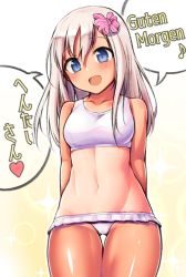 Rule 34 | 1girl, :d, arms behind back, bikini, blue eyes, blush, bow, breasts, collarbone, colorized, commentary request, cowboy shot, frilled bikini, frills, german text, gluteal fold, gradient background, hair bow, hair ornament, heart, kantai collection, long hair, looking at viewer, lowleg, lowleg bikini, navel, official alternate costume, one-hour drawing challenge, one-piece tan, open mouth, ro-500 (kancolle), small breasts, smile, solo, spoken heart, standing, swimsuit, tan, tanline, yuki to hana