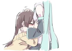Rule 34 | 2girls, aqua hair, bare shoulders, black sleeves, blush, brown hair, comforting, commentary, crying, detached sleeves, closed eyes, grey shirt, hair ornament, hand on another&#039;s chest, hand on another&#039;s shoulder, hatsune miku, head on chest, head out of frame, long hair, master (vocaloid), multiple girls, nejikyuu, headpat, shirt, shoulder tattoo, sleeveless, sleeveless shirt, straight hair, sweater, tattoo, tears, twintails, upper body, very long hair, vocaloid, yellow sweater