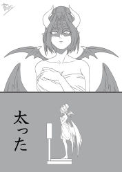 Rule 34 | 1girl, artist request, barefoot, demon girl, demon horns, digimon, facial tattoo, full body, height chart, horns, lilithmon, lips, mark of evil, monochrome, multiple wings, naked towel, pointy ears, sequential, serious, seven great demon lords, solo, tattoo, towel, translation request, wings
