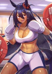Rule 34 | 1girl, animal ears, bare shoulders, bike shorts, blue hair, blurry, blurry background, boxing gloves, breasts, ceiling light, cleavage, clenched hands, commission, cowboy shot, dark-skinned female, dark skin, fang, highres, hishi amazon (umamusume), horse ears, horse girl, horse tail, indoors, large breasts, long hair, looking at viewer, midriff, navel, open mouth, pov, red eyes, same kujira (challenger 310), shorts, skeb commission, smile, solo, sparkle, sports bra, standing, sweat, tail, toned, umamusume, v-shaped eyebrows, white shorts