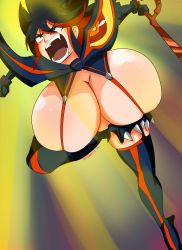 Rule 34 | 1girl, absurdres, angry, black eyes, breasts, clothes, female focus, ghostnerdy, highres, holding, holding sword, holding weapon, kill la kill, large breasts, looking at viewer, matoi ryuuko, medium hair, open mouth, solo, sword, weapon