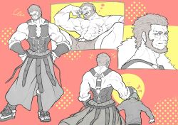 Rule 34 | 2boys, bara, beard, bulge, facial hair, fate/grand order, fate (series), full beard, full body, greco-roman clothes, greyscale with colored background, headpat, height difference, highres, iskandar (fate), karasu 18-go, looking at viewer, looking to the side, male focus, mature male, multiple boys, muscular, muscular male, pectoral cleavage, pectorals, red hair, scar, short hair, short shorts, shorts, sleeping, spread legs, squeans, standing, thick beard, thick eyebrows, topless male, waver velvet