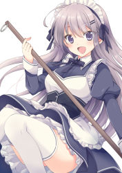 Rule 34 | 1girl, :d, ahoge, apron, black dress, blush, commentary request, dress, feet out of frame, fingernails, frilled apron, frills, grey hair, hair between eyes, hair ornament, hairclip, hand up, holding, juliet sleeves, knees together feet apart, long hair, long sleeves, looking at viewer, maid, maid headdress, open mouth, original, puffy sleeves, purple eyes, simple background, smile, solo, takase kanan, thighhighs, underbust, very long hair, waist apron, white apron, white background, white thighhighs