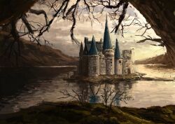 Rule 34 | absurdres, ame sagari, bare tree, blue sky, castle, cloud, cloudy sky, commentary, fantasy, highres, lake, no humans, original, reflection, reflective water, scenery, sky, sunset, tree