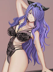 Rule 34 | 1girl, alternate costume, arm up, armpits, aruman, bare shoulders, breasts, camilla (fire emblem), closed mouth, fire emblem, fire emblem fates, fire emblem heroes, large breasts, long hair, looking at viewer, nintendo, pink eyes, purple hair, simple background, smile, solo, standing, upper body