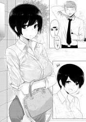 Rule 34 | +++, 1girl, 2boys, ?, absurdres, arm across waist, arm behind head, arrow (symbol), bag, black hair, bra visible through clothes, breasts, car, car keys, collared shirt, comic, commentary, cowboy shot, greyscale, handbag, happy, highres, house, large breasts, long sleeves, looking at viewer, monochrome, motion lines, motor vehicle, multiple boys, necktie, nodding, norman maggot, office lady, olive laurentia, original, outdoors, pencil skirt, pixie cut, see-through, shirt, short hair, skirt, sleeves pushed up, smile, speech bubble, spoken object, spoken question mark, standing, wet, wet clothes, white shirt