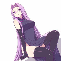 Rule 34 | 1girl, black dress, black gloves, black thighhighs, breasts, bright pupils, chan co, china dress, chinese clothes, dress, dutch angle, earrings, elbow gloves, fate (series), female focus, glasses, gloves, jewelry, leg up, long hair, looking at viewer, matching hair/eyes, medium breasts, medusa (fate), medusa (rider) (fate), no panties, parted bangs, purple eyes, purple hair, rimless eyewear, side slit, sidelocks, simple background, sitting, solo, thighhighs, thighs, turtleneck, turtleneck dress, very long hair