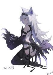 Rule 34 | 1girl, animal ears, black hairband, black thighhighs, character name, claws, cross-shaped pupils, dated, detached sleeves, grey eyes, grey hair, hair between eyes, hairband, hornesix, long hair, long sleeves, mechanical ears, messy hair, no.21 (punishing: gray raven), punishing: gray raven, sidelocks, symbol-shaped pupils, thighhighs, white background
