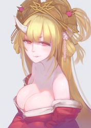Rule 34 | 10s, 1girl, absurdres, blonde hair, breasts, chain chronicle, flower, gen (bividgen), hair flower, hair ornament, highres, horns, japanese clothes, kaminatsuki (chain chronicle), kimono, large breasts, long hair, looking at viewer, off shoulder, red eyes, single horn, solo, very long hair