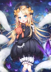 Rule 34 | 1girl, abigail williams (fate), black bow, black dress, black hat, blonde hair, bloomers, blue eyes, blush, bow, bug, butterfly, commentary request, dress, fate/grand order, fate (series), hair bow, hat, highres, hugging object, insect, long hair, long sleeves, looking at viewer, open mouth, orange bow, parted bangs, partially submerged, polka dot, polka dot bow, pong (vndn124), sleeves past fingers, sleeves past wrists, solo, stuffed animal, stuffed toy, tears, teddy bear, tentacles, underwear, very long hair, water, white bloomers