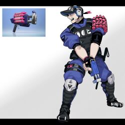 Rule 34 | 1boy, black footwear, black gloves, black hat, boots, clash blaster (splatoon), crayon, fingerless gloves, full body, gloves, gun, hat, headphones, headset, highres, holding, holding gun, holding weapon, knee pads, male focus, nintendo, open mouth, personification, pink eyes, reference inset, short sleeves, sido (slipknot), signature, simple background, solo, splatoon (series), standing, thigh strap, uniform, vest, weapon