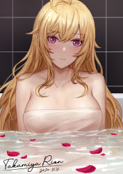 Rule 34 | 1girl, absurdres, bare shoulders, bathing, bathtub, blonde hair, blush, breasts, character name, closed mouth, collarbone, commentary request, dated, highres, indoors, long hair, looking at viewer, medium breasts, naked towel, nijisanji, partially submerged, petals, purple eyes, selcky, sidelocks, solo, takamiya rion, tile wall, tiles, towel, upper body, virtual youtuber, water