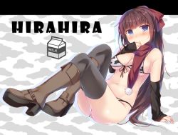Rule 34 | 10s, 1girl, animal print, arm support, bad id, bad pixiv id, bikini, black thighhighs, blue eyes, blush, boots, bow, breasts, brown footwear, brown hair, cow print, detached sleeves, english text, front-tie bikini top, front-tie top, hair bow, hand to own mouth, head tilt, high heel boots, high heels, high ponytail, hirari, knee boots, long hair, looking at viewer, medium breasts, milk carton, new game!, parted lips, ponytail, red bow, red scarf, scarf, silhouette, sitting, sleeves past wrists, solo, swimsuit, takimoto hifumi, thighhighs, very long hair