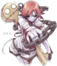 Rule 34 | 1girl, a.b.a, arc system works, bandages, blood, blood on clothes, chain, fingerless gloves, gloves, guilty gear, hair over one eye, key, key in head, kyo (kuroichigo), object through head, pale skin, paracelsus (guilty gear), red hair, scar, short hair, shorts, single glove, stitches, zombie