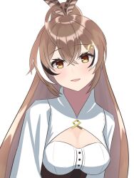 Rule 34 | 1girl, ahoge, brown corset, brown eyes, brown hair, cleavage cutout, clothing cutout, corset, crossed bangs, double-parted bangs, hair between eyes, highres, hololive, hololive english, looking at viewer, multicolored hair, nanashi mumei, nanashi mumei (1st costume), open mouth, shirt, shishi cc, smile, solo, streaked hair, virtual youtuber, white shirt