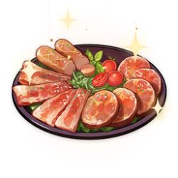 Rule 34 | artist request, bacon, cherry tomato, commentary, english commentary, food, food focus, game cg, genshin impact, ham, lettuce, lowres, meat, no humans, official art, sausage, simple background, sparkle, still life, third-party source, tomato, transparent background, tray