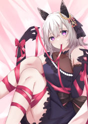 Rule 34 | 1girl, animal ears, bare shoulders, black gloves, blush, breasts, cleavage, closed mouth, curren chan (sakutsuki ma cherie) (umamusume), curren chan (umamusume), dress, ear covers, elbow rest, feet out of frame, gloves, grey hair, heart, heart-shaped pupils, highres, hojiro same, horse ears, knees up, looking at viewer, mask, medium breasts, medium hair, mouth mask, pink eyes, red ribbon, ribbon, see-through, see-through cleavage, sitting, sleeveless, sleeveless dress, solo, symbol-shaped pupils, umamusume