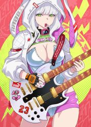 Rule 34 | 1girl, animal hood, belt collar, bodysuit, breasts, choker, cleavage, cleavage cutout, clothing cutout, collar, decal, electric guitar, green background, green eyes, guitar, highres, hip vent, holding, holding instrument, hood, instrument, jacket, katouken (ktn-works), large breasts, leotard, long hair, open clothes, open jacket, original, patterned background, pink background, pink shorts, playboy bunny, plectrum, rabbit hood, shiny skin, short shorts, shorts, shoulder strap, sidelocks, solo, strap, two-tone background, white bodysuit, white hair, white jacket