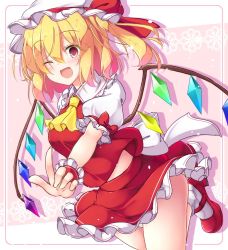 Rule 34 | 1girl, aka tawashi, arm up, blonde hair, blush, bow, breasts, collar, crystal, eyes visible through hair, flandre scarlet, floral background, flower, frills, hair between eyes, hand up, hat, hat bow, highres, holding, jumping, looking at viewer, medium breasts, mob cap, multicolored wings, one eye closed, open mouth, panties, pink background, pink flower, ponytail, puffy short sleeves, puffy sleeves, red bow, red eyes, red footwear, red skirt, red vest, shoes, short hair, short sleeves, skirt, smile, socks, solo, touhou, underwear, vest, white background, white bow, white collar, white flower, white hat, white panties, white sleeves, white socks, wings, wrist cuffs, yellow neckwear