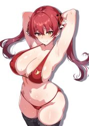 Rule 34 | 1girl, absurdres, armpits, arms behind head, arrow through heart, bikini, black thighhighs, blush, breasts, cleavage, cleft of venus, closed mouth, collarbone, hair ribbon, heterochromia, highres, hololive, houshou marine, houshou marine (summer), large breasts, long hair, looking at viewer, navel, oji (drawingchinchin), red bikini, red eyes, red hair, red ribbon, ribbon, smile, solo, sweat, swimsuit, thighhighs, twintails, virtual youtuber, white background, yellow eyes