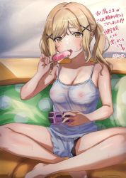 Rule 34 | bang dream!, breasts, cleavage, commission, food, hair ornament, ichigaya arisa, licking, medium breasts, medium hair, nipples, playstation controller, popsicle, puni (punyukichi), see-through, sitting, skeb commission, sweat, symbol-shaped pupils, twintails, video game, x hair ornament, yellow eyes