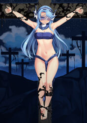 Rule 34 | 1girl, armpits, arms up, bandeau, bare shoulders, blue eyes, blue hair, blue hairband, christa ellianna fluica, crucifixion, full body, groin, hairband, highres, long hair, looking at viewer, navel, one eye closed, original, solo, stomach, strapless, thighs, tube top, very long hair, yasume yukito