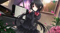 Rule 34 | 1girl, black dress, black hair, closed mouth, date a live, date a live: spirit pledge, dress, heterochromia, highres, indoors, instrument, long hair, long sleeves, looking at viewer, official art, piano, plant, red eyes, smile, solo, tokisaki kurumi, yellow eyes