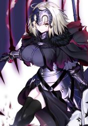 Rule 34 | 1girl, absurdres, ahoge, armor, armored dress, belt, black dress, breasts, cape, chain, collar, dress, fate/grand order, fate (series), flag, fur-trimmed cape, fur collar, fur trim, gauntlets, hair between eyes, headpiece, highres, jeanne d&#039;arc (fate), jeanne d&#039;arc alter (avenger) (fate), jeanne d&#039;arc alter (fate), large breasts, looking at viewer, metal collar, ninoude (ninoude44), pale skin, plackart, polearm, short hair, silver hair, smile, solo, spear, sword, thighhighs, weapon, white background, yellow eyes
