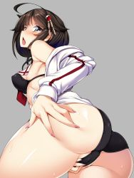 Rule 34 | 1girl, ahoge, ass, bikini, black bikini, black hair, blue eyes, blush, breasts, cameltoe, cleft of venus, commentary request, covered erect nipples, crotch, female focus, fingernails, grey background, hair ornament, hand on own ass, highres, jacket, jacket over swimsuit, kantai collection, looking at viewer, looking back, medium breasts, open mouth, partially visible vulva, red ribbon, red stripes, ribbon, shigure (kancolle), shigure kai ni (kancolle), sideboob, simple background, solo, sweat, swimsuit, torisan, white jacket