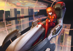 Rule 34 | 1girl, absurdres, blue eyes, bodysuit, breasts, brown hair, closed mouth, cockpit, doll, hair between eyes, headgear, highres, holding, holding doll, long hair, looking at viewer, mini mark, neon genesis evangelion, plugsuit, red bodysuit, shiny clothes, sitting, small breasts, solo, souryuu asuka langley