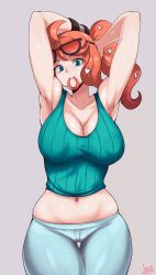 Rule 34 | 1girl, aqua eyes, armpits, arms up, belly, blush, breasts, collarbone, covered erect nipples, creatures (company), eyewear on head, game freak, hair ornament, heart, heart hair ornament, highres, jmg, large breasts, long hair, looking at viewer, mouth hold, navel, nintendo, orange hair, pokemon, pokemon swsh, puffy nipples, side ponytail, smile, solo, sonia (pokemon), sunglasses