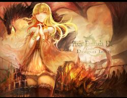 Rule 34 | 1girl, bare shoulders, blonde hair, dragon, letterboxed, long hair, own hands clasped, own hands together, pixiv fantasia, pixiv fantasia fallen kings, pointy ears, shirorin (ballet girl&#039;s), text focus, thighhighs, wind, yellow eyes, zettai ryouiki