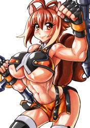 Rule 34 | 1girl, abs, animal ears, antenna hair, bare shoulders, black gloves, black thighhighs, blazblue, blush, breasts, brown eyes, brown hair, clenched hand, cowboy shot, fingerless gloves, gloves, highres, large breasts, looking at viewer, makoto nanaya, miniskirt, multicolored hair, nail polish, navel, orange skirt, red nails, revealing clothes, shiny skin, short hair, skirt, smile, solo, squirrel ears, squirrel tail, tail, takatsuki ouka, thighhighs, tonfa, two-tone hair, underboob, weapon, white background, white hair