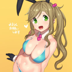 Rule 34 | 1girl, animal ears, aqua bikini, bikini, black gloves, blue bikini, blush, breasts, brown hair, cleavage, detached collar, fake animal ears, fang, gloves, green eyes, hair bobbles, hair ornament, heart, inuyama aoi, large breasts, long hair, looking at viewer, navel, necktie, open mouth, rabbit ears, side ponytail, simple background, skin fang, smile, solo, swept bangs, swimsuit, tenchisouha, thick eyebrows, wrist cuffs, yellow background, yurucamp