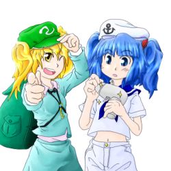 Rule 34 | 2girls, backpack, bag, blonde hair, blue eyes, blue hair, blue sailor collar, cosplay, costume switch, female focus, hair bobbles, hair ornament, hat, kawashiro nitori, kawashiro nitori (cosplay), key, kitashirakawa chiyuri, kitashirakawa chiyuri (cosplay), long sleeves, lowres, midriff, multiple girls, navel, one eye closed, phantasmagoria of dim.dream, sailor collar, short hair, short sleeves, shorts, skirt, touhou, touhou (pc-98), two side up, yellow eyes