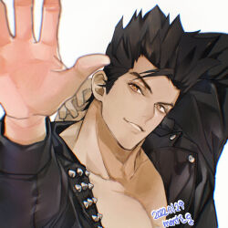 Rule 34 | 1boy, artist name, black hair, black jacket, brown eyes, collarbone, dated, english text, jacket, joe higashi, long sleeves, looking at viewer, male focus, mmts g, open clothes, open jacket, open mouth, pectorals, short hair, smile, solo, spiked hair, the king of fighters, the king of fighters for girls