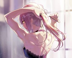 Rule 34 | 1girl, adjusting hair, artoria pendragon (fate), back, bare back, blonde hair, fate/grand order, fate (series), hair tie, muscular, muscular female, saber alter, solo, tsurukame, upper body, yellow eyes