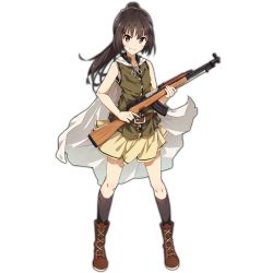 Rule 34 | 1girl, assault rifle, black legwear, boots, brown eyes, brown hair, cape, full body, girls&#039; frontline, grin, gun, holding, holding gun, holding weapon, long hair, looking at viewer, official art, open mouth, ponytail, rifle, sleeveless, smile, solo, standing, tomato (lsj44867), transparent background, trigger discipline, type 63 (girls&#039; frontline), type 63 assault rifle, weapon, white cape