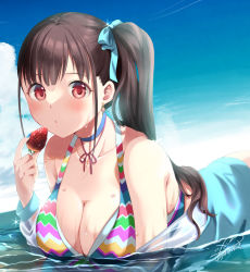 Rule 34 | 1girl, azuma yuki, bikini, blue sky, breasts, brown hair, choker, cleavage, cloud, commentary request, earrings, food, fruit, hair ribbon, highres, idolmaster, idolmaster shiny colors, jewelry, large breasts, long hair, off shoulder, red eyes, ribbon, shallow water, side ponytail, sky, solo, sonoda chiyoko, strawberry, swimsuit, water, wet