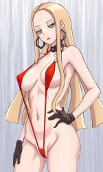 Rule 34 | 1girl, asairosora, bikini, blonde hair, breasts, cameltoe, choker, cleft of venus, closed mouth, covered erect nipples, creatures (company), earrings, frown, game freak, gloves, gluteal fold, green eyes, half-closed eyes, hand on own hip, hand on own leg, highres, hoop earrings, jewelry, large breasts, lipstick, long hair, looking at viewer, makeup, navel, nintendo, oleana (pokemon), partially visible vulva, pokemon, pokemon swsh, red bikini, solo, standing, swimsuit