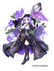 Rule 34 | 1girl, belt, black dress, black footwear, boots, braid, breasts, closed mouth, corset, dress, flower, flower knight girl, full body, halloween, highres, holding, holding staff, large breasts, long hair, looking at viewer, magic, mg kurino, name connection, object namesake, official art, purple eyes, purple hair, simple background, smile, solo, staff, standing, streptocarpus (flower knight girl), thigh boots, thighhighs, twin braids, veil, white background, zettai ryouiki