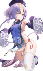 Rule 34 | 1girl, absurdres, alternate costume, berserker r, breasts, chinese clothes, chinese knot, coin, covered navel, frilled sleeves, frills, genshin impact, gold trim, highres, holed coin, jiangshi, long hair, long sleeves, looking at viewer, ofuda, ofuda on clothes, purple eyes, purple hair, qiqi (genshin impact), red rope, rope, sarashi, small breasts, solo, standing, standing on one leg, tassel, thighhighs, thighs, white thighhighs, wide sleeves, zombie