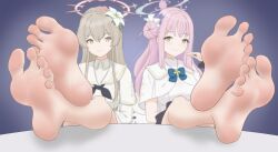 Rule 34 | 2girls, absurdres, barefoot, blue archive, blush, feet, highres, long hair, looking at viewer, mika (blue archive), multiple girls, nagisa (blue archive), pink hair, shaded face, smile, soles, toes, treadml, yellow eyes