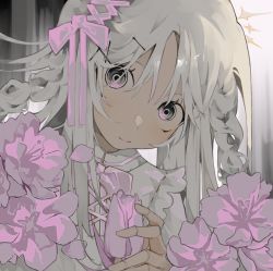 Rule 34 | 1girl, bow, closed mouth, commentary, doll joints, dress, english commentary, flower, frilled dress, frills, grey eyes, hair bow, joi, joints, light smile, long hair, looking at viewer, original, pink bow, pink flower, solo, toasu, upper body, white dress, white hair