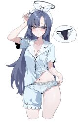 1girl black_panties blue_archive blue_shirt blue_shorts blush breasts cleavage halo hashtag-only_commentary highres long_hair mechanical_halo medium_breasts midriff_peek navel official_alternate_costume panties purple_eyes purple_hair sachi_(sachi_san) shirt shorts shorts_lift simple_background sleepwear solo spoken_panties thighs underwear white_background yuuka_(blue_archive) yuuka_(pajamas)_(blue_archive)