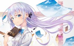 Rule 34 | 1girl, blue bow, blue bowtie, blue eyes, blue sky, blush, bow, bowtie, breasts, closed mouth, cloud, collared shirt, floating hair, hair between eyes, hair ornament, kiomota, light purple hair, long hair, long sleeves, looking at viewer, original, paper, shirt, sidelocks, sky, small breasts, smile, solo, tareme, white shirt, wind
