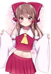 Rule 34 | 1girl, absurdres, ascot, bare shoulders, blush, bow, breasts, brown hair, closed mouth, collar, collared shirt, detached sleeves, flower, frills, gradient background, hair between eyes, hair ornament, hair tubes, hakurei reimu, hands up, heart, heart-shaped pupils, highres, long hair, long sleeves, looking at viewer, medium breasts, miniskirt, navel, pink background, pink flower, red bow, red eyes, red shirt, red skirt, shinonome asu, shirt, skirt, sleeveless, sleeveless shirt, solo, standing, symbol-shaped pupils, touhou, twitter username, white background, white sleeves, wide sleeves, yellow ascot