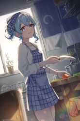 Rule 34 | 1girl, absurdres, alternate costume, apron, blue apron, blue eyes, blue hair, casual, curtains, dish rack, food, hair bun, hair ribbon, hair up, highres, holding, holding knife, hololive, hoshimachi suisei, indoors, jl tan, kitchen, knife, long sleeves, looking at viewer, open mouth, oven mitts, parted lips, plaid, plaid apron, plaid ribbon, plant, plate, potted plant, ribbon, smile, solo, tomato, vegetable, virtual youtuber, window