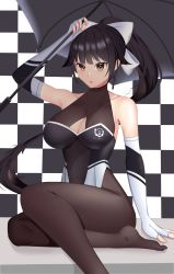 Rule 34 | 1girl, absurdres, alternate breast size, azur lane, bare shoulders, black hair, black pantyhose, bodystocking, bow, breasts, brown eyes, checkered background, cleavage cutout, clothing cutout, elbow gloves, extra ears, feet out of frame, gloves, hair flaps, highres, large breasts, long hair, looking at viewer, navel cutout, pantyhose, ponytail, race queen, rxsilence, solo, takao (azur lane), takao (full throttle charmer) (azur lane), umbrella, white bow, white gloves