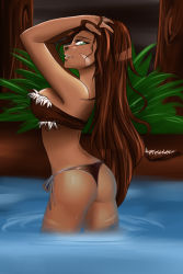 Rule 34 | 1girl, adjusting hair, arched back, arms up, artist request, ass, back, bare shoulders, bikini, bikini bottom only, breasts, brown bikini, brown hair, bush, facial mark, female focus, forest, fur, grass, green eyes, hands on own head, league of legends, long hair, long image, looking at viewer, nature, nidalee, nose, outdoors, partially submerged, profile, shiny skin, side-tie bikini bottom, sideboob, smile, smirk, solo, strapless, swimsuit, tall image, thigh gap, thighs, third-party edit, thong, thong bikini, tree, tube top, very long hair, wading, water, wet